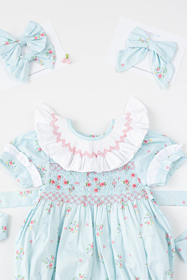 Blue floral Handsmocked Romper