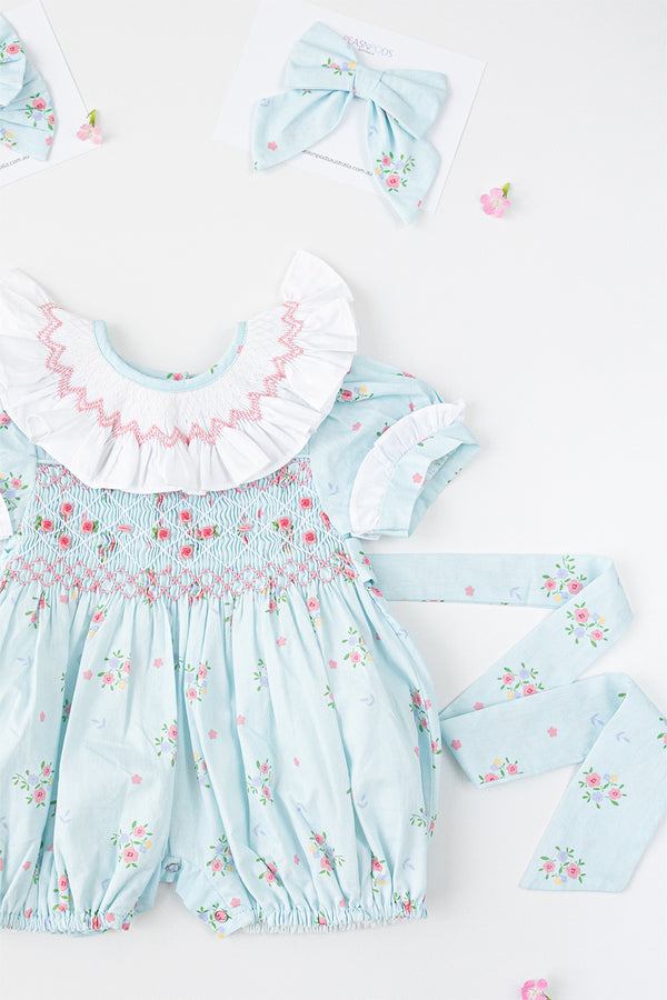 Blue floral Handsmocked Romper