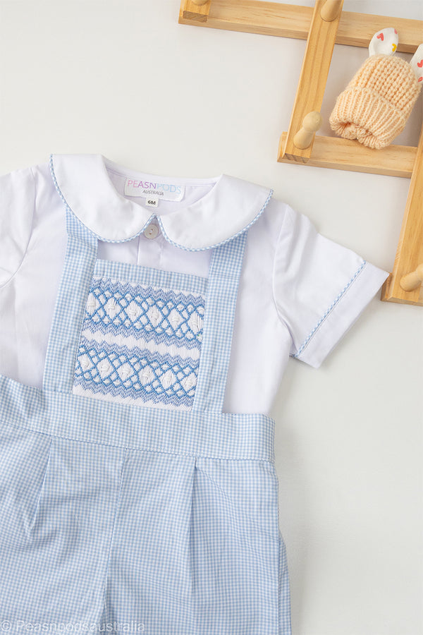 Blue Gingham Boys Overall and Shirt Set