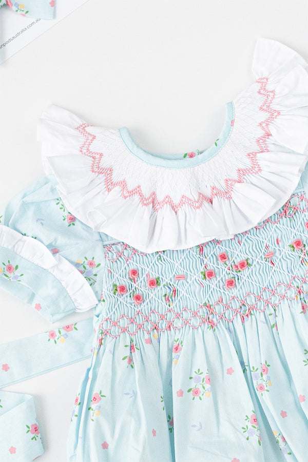 Blue floral Handsmocked Romper