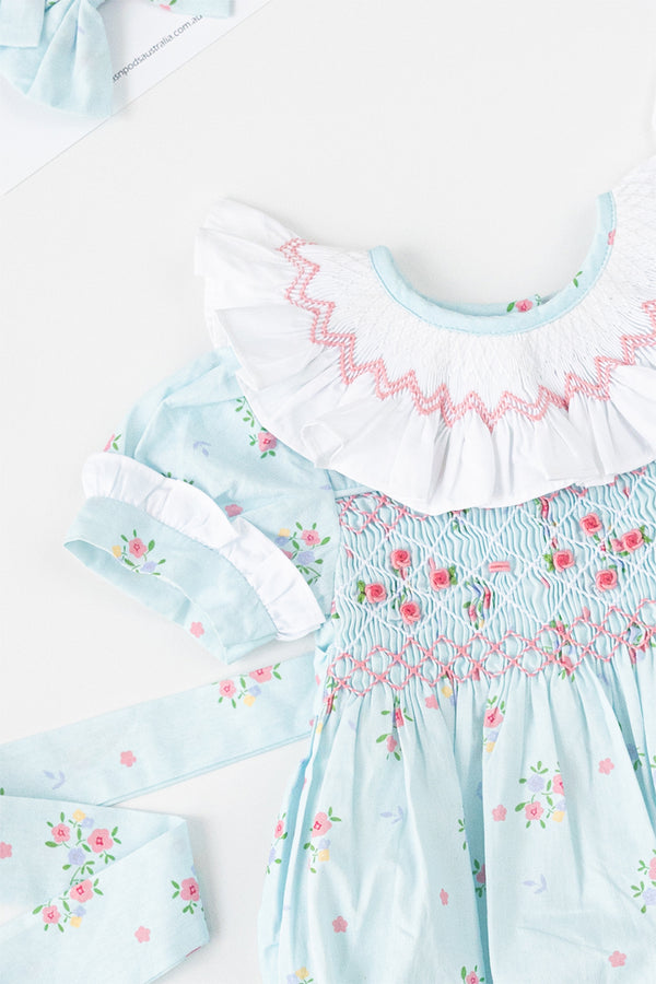 Blue floral Handsmocked Romper