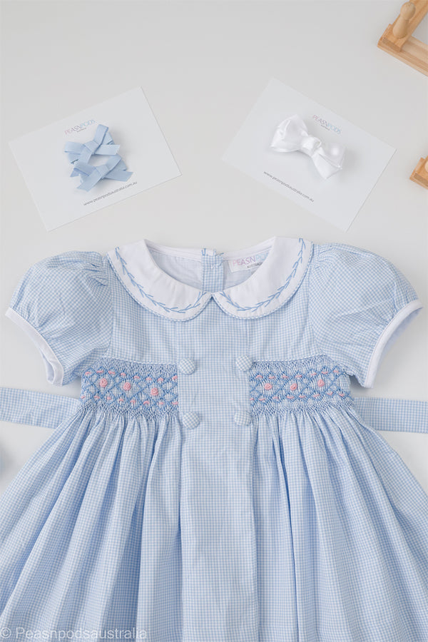 Blue Gingham Handmocked Dress