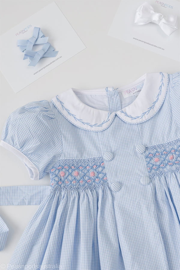 Blue Gingham Handmocked Dress