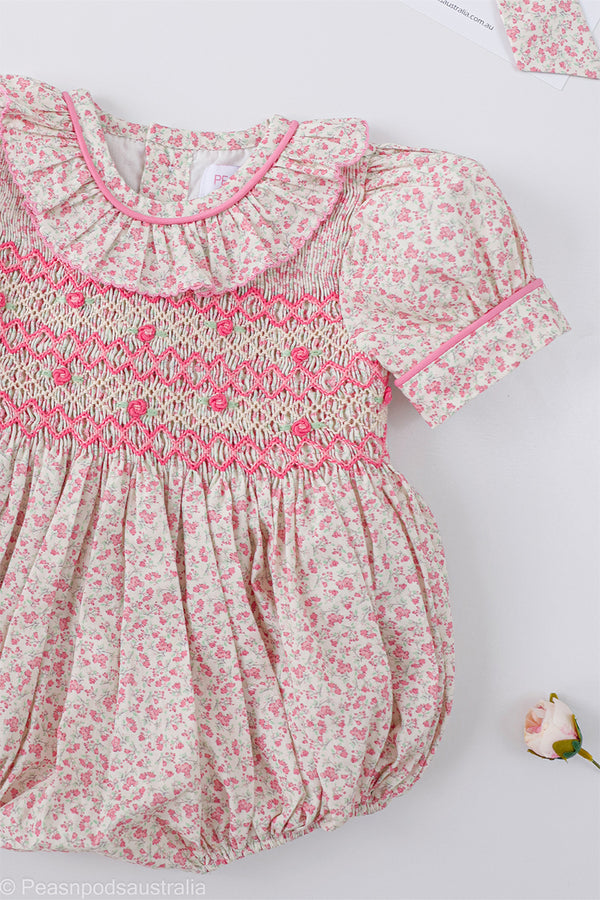 Pink Ditsy Floral Handsmocked Romper