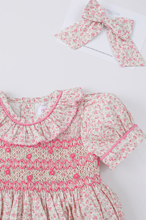 Pink Ditsy Floral Handsmocked Romper