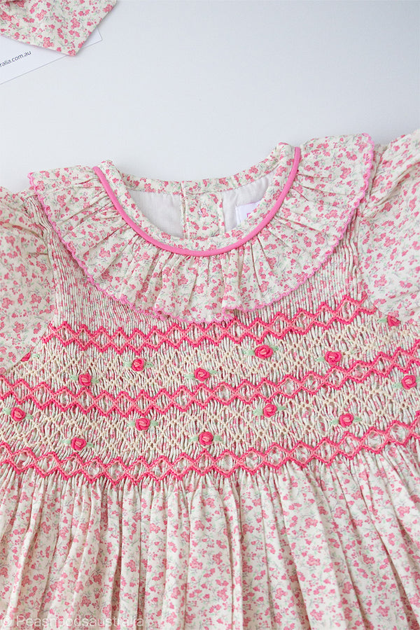 Pink Ditsy Floral Handsmocked Romper