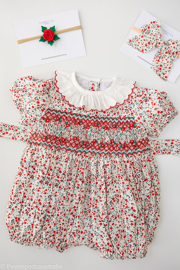 Red Floral Hand-Smocked  Romper