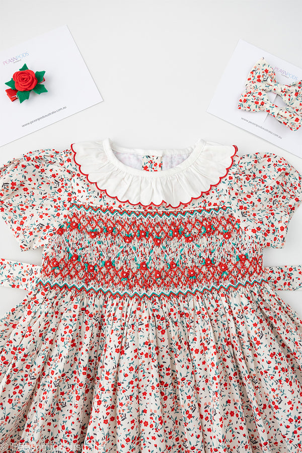 Red Floral Hand-Smocked  Dress