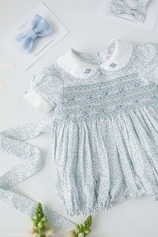 Blue Daisy Hand-Smocked Romper