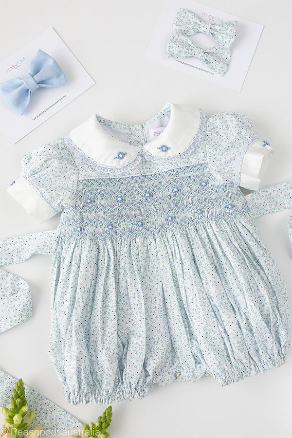 Blue Daisy Hand-Smocked Romper