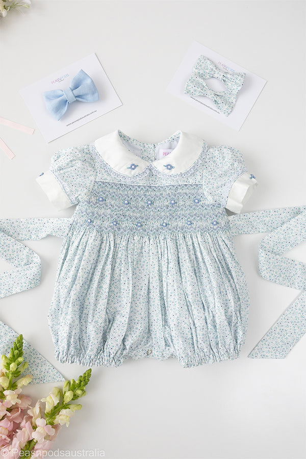 Blue Daisy Hand-Smocked Romper